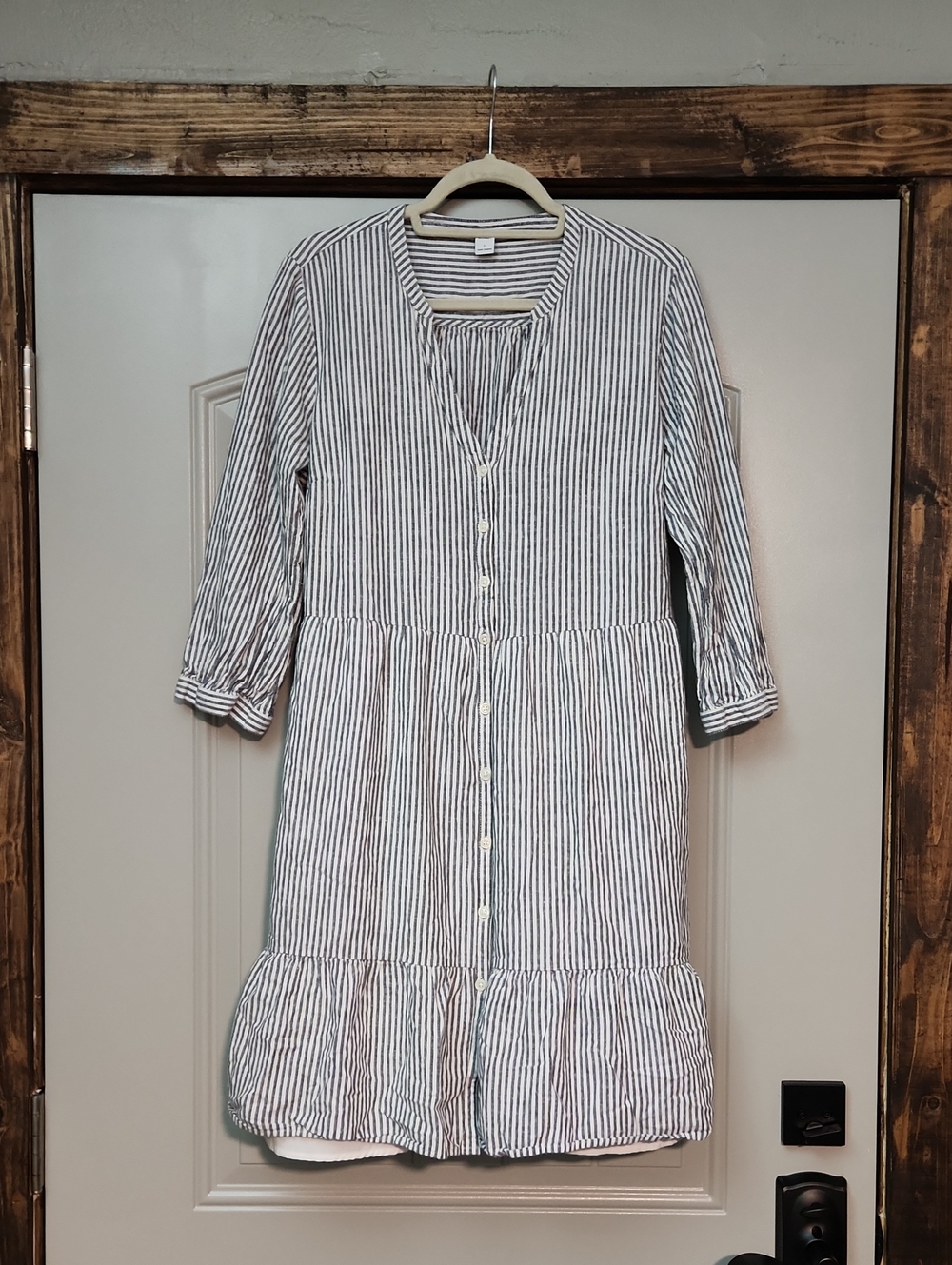Old Navy Gray and White Striped Button Up Linen Dress With 3/4 Sleeves Women's L